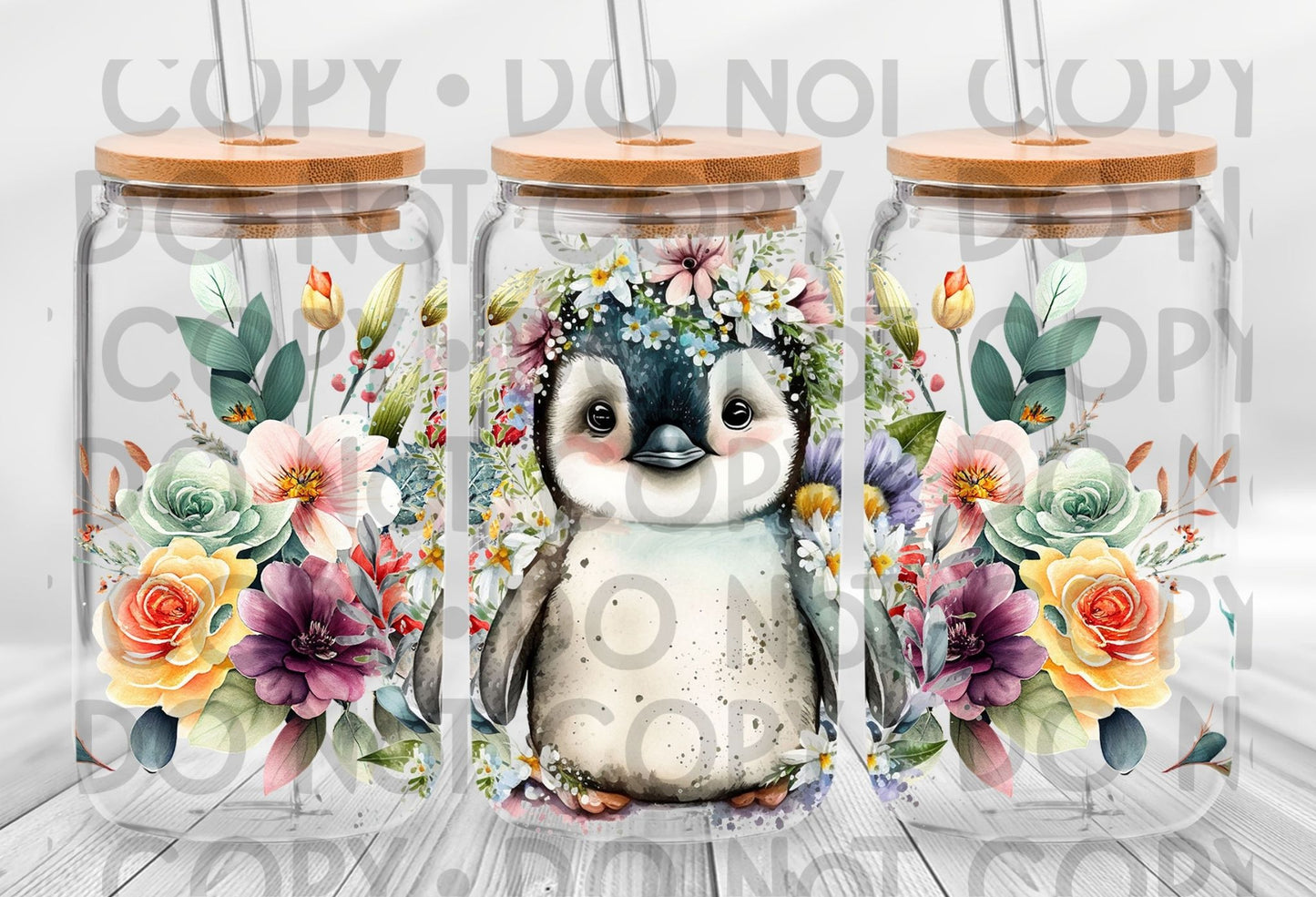 Floral Penguin Wrap 16oz - UV DTF