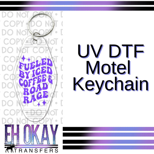 Fueled By Iced Coffee & Road Rage - UV DTF Keychain Decal