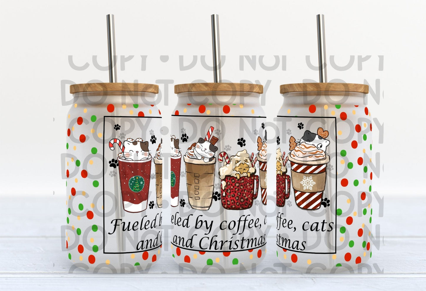 Fueled By Coffee Cats & Christmas Wrap 16oz - UV DTF