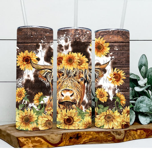 Sunflower Highland Cow - Sublimation 20oz Tapered or Straight Wrap