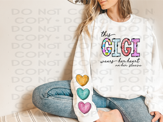 This GiGi wears her heart on her sleeve - DTF **READ DESCRIPTION**